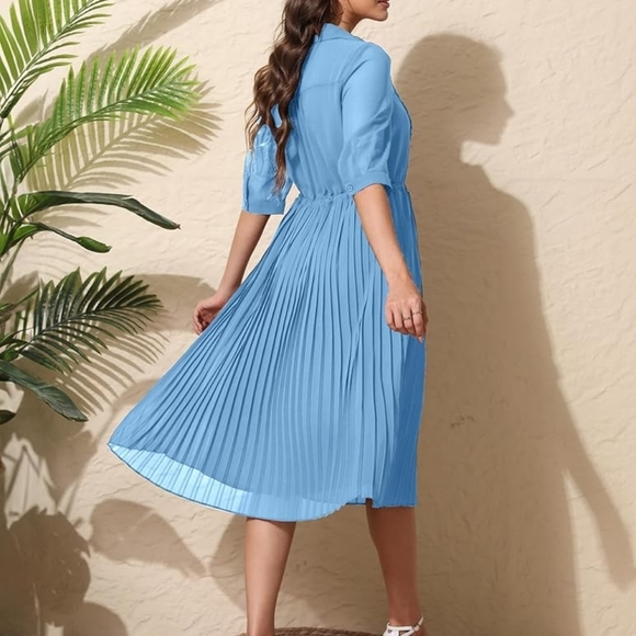 Chic Long Sleeve Blue Pleated Dress - Picture 2 of 9